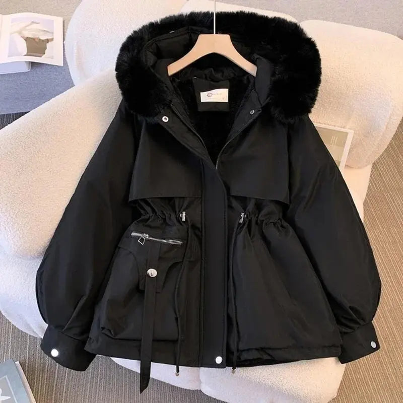 Parka mi-longue à capuche en fausse fourrure avec cordon de serrage, vestes doudounes épaisses et chaudes pour femme, manteau d'hiver doublé polaire pour femme