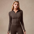 Giacca sportiva da donna con zip intera, maniche lunghe, vestibilità aderente, tessuto elasticizzato ad asciugatura rapida con fori per i pollici per corsa, yoga, palestra, allenamento, abbigliamento sportivo