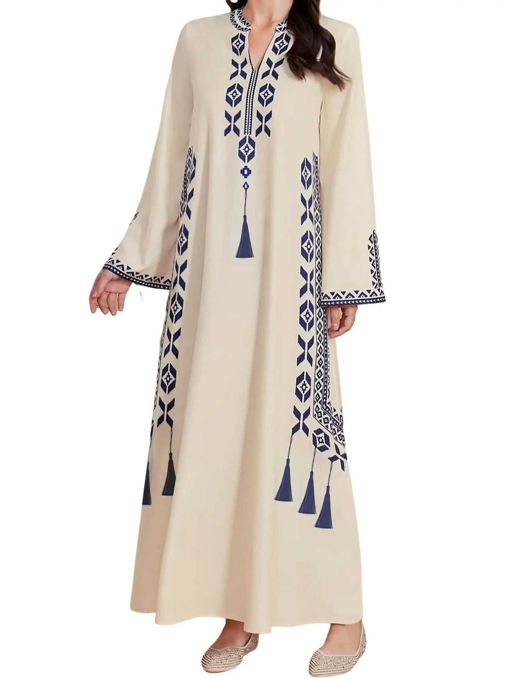 Vestito da donna con stampa digitale, abito a trapezio a maniche lunghe in tessuto intrecciato stile mediorientale, vestibilità casual aderente per le stagioni primavera e autunno, abbigliamento femminile