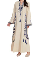 Vestito da donna con stampa digitale, abito a trapezio a maniche lunghe in tessuto intrecciato stile mediorientale, vestibilità casual aderente per le stagioni primavera e autunno, abbigliamento femminile