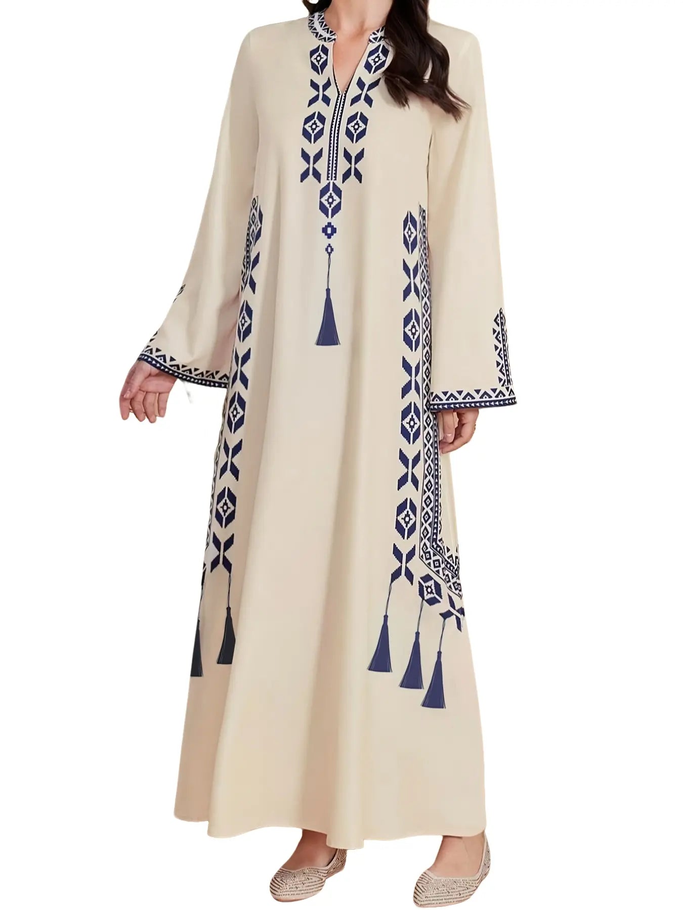 Vestito da donna con stampa digitale, abito a trapezio a maniche lunghe in tessuto intrecciato stile mediorientale, vestibilità casual aderente per le stagioni primavera e autunno, abbigliamento femminile