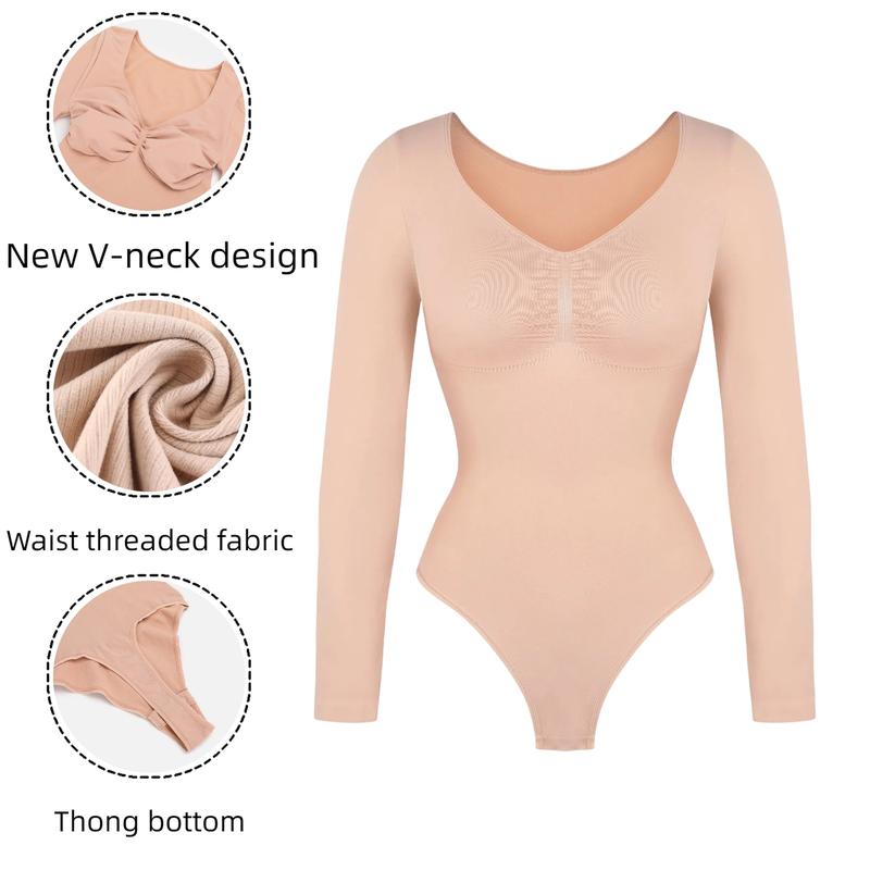 Body gainant sans couture pour femme – Body à manches longues et col en V, coupe ajustée, léger et sculptant, parfait pour les superpositions et le quotidien, compression légère