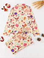 Ensemble deux pièces de pyjama pour femme, imprimé de Noël, avec chemise boutonnée à poche et pantalon à taille élastique, pyjama décontracté et confortable avec haut à manches longues et col, ensemble de pyjama pour femme, pour le printemps et l'automne