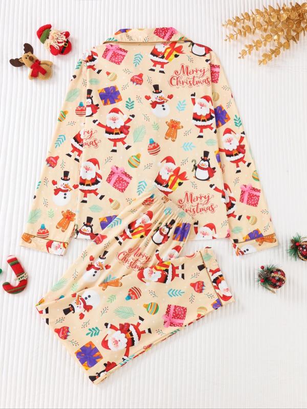 Ensemble deux pièces de pyjama pour femme, imprimé de Noël, avec chemise boutonnée à poche et pantalon à taille élastique, pyjama décontracté et confortable avec haut à manches longues et col, ensemble de pyjama pour femme, pour le printemps et l'automne