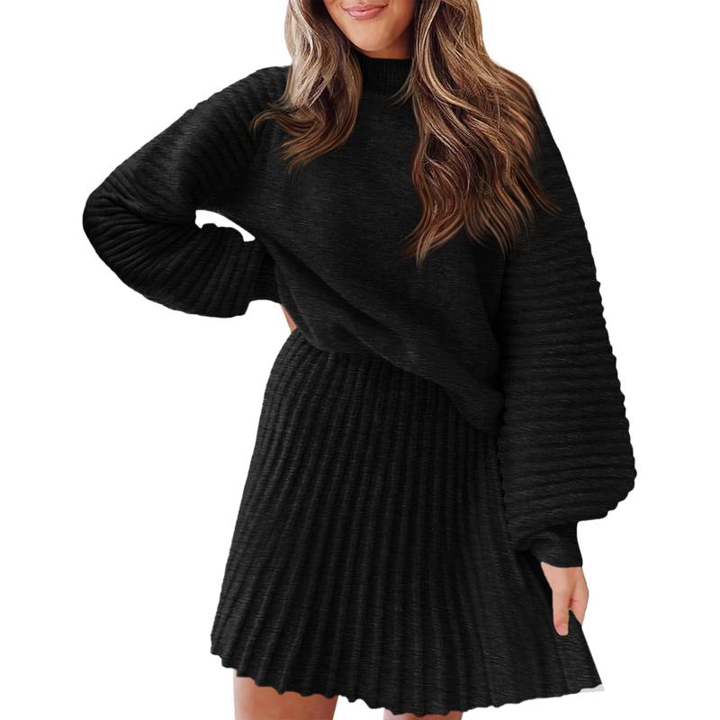Ensembles 2 Pièces Femme 2025 Pulls Col Montant Manches Longues Côtelés et Mini-Jupe