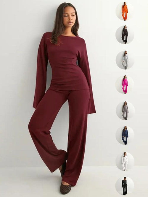 Ensemble décontracté pour femme : Haut à manches longues évasées et col rond, et pantalon droit à taille élastique, idéal pour le quotidien.