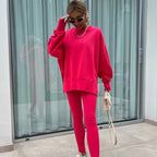 Ensemble deux pièces oversize pour femme - Sweat-shirt à ourlet fendu et pantalon skinny, pull décontracté à col rond et manches longues, vêtements pour femme pour l'automne et costumes d'hiver basiques, Gamis pour femme