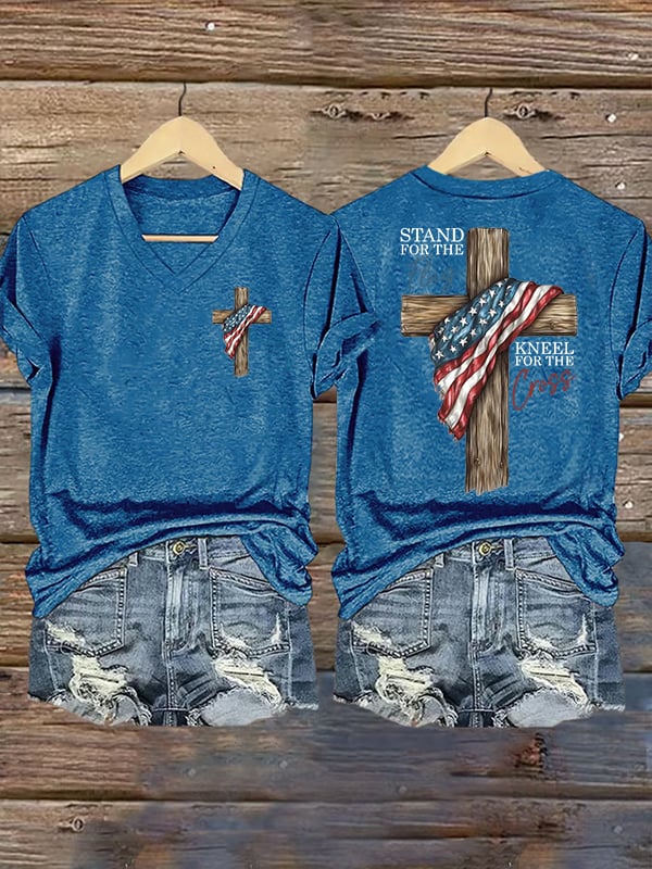 T-shirt casual da donna stampata con scritta "Stand For The Flag Kneel For The Cross"