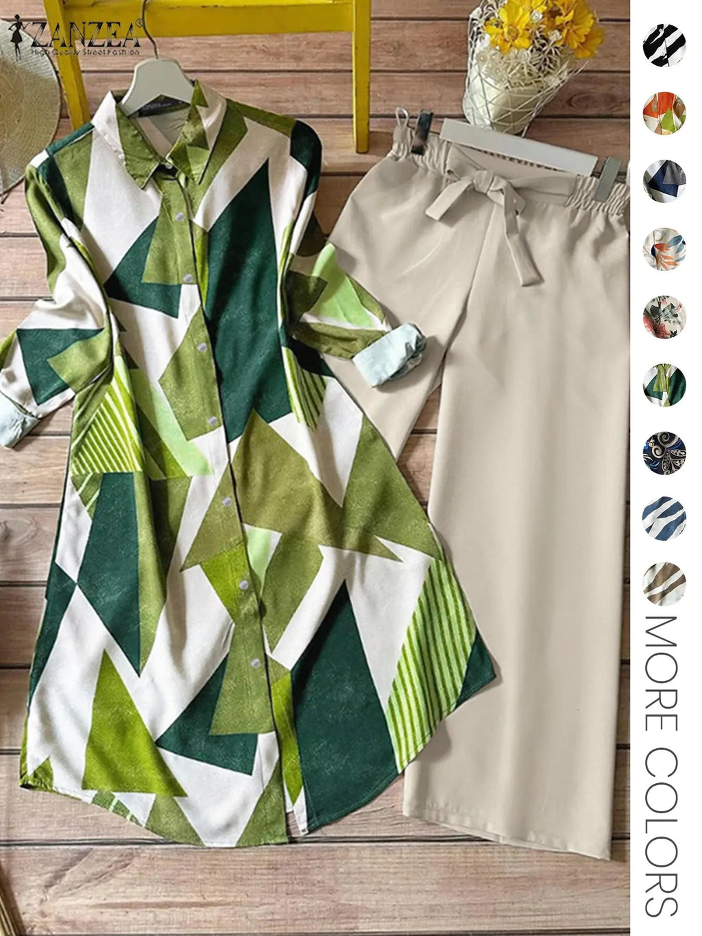 Set Due Pezzi da Donna Stampa All-Over Camicia Bottoni & Pantaloni a Gamba Larga, Top Casual a Maniche Lunghe con Colletto & Pantaloni per Uso Quotidiano, Abbigliamento Donna per Tutte le Stagioni