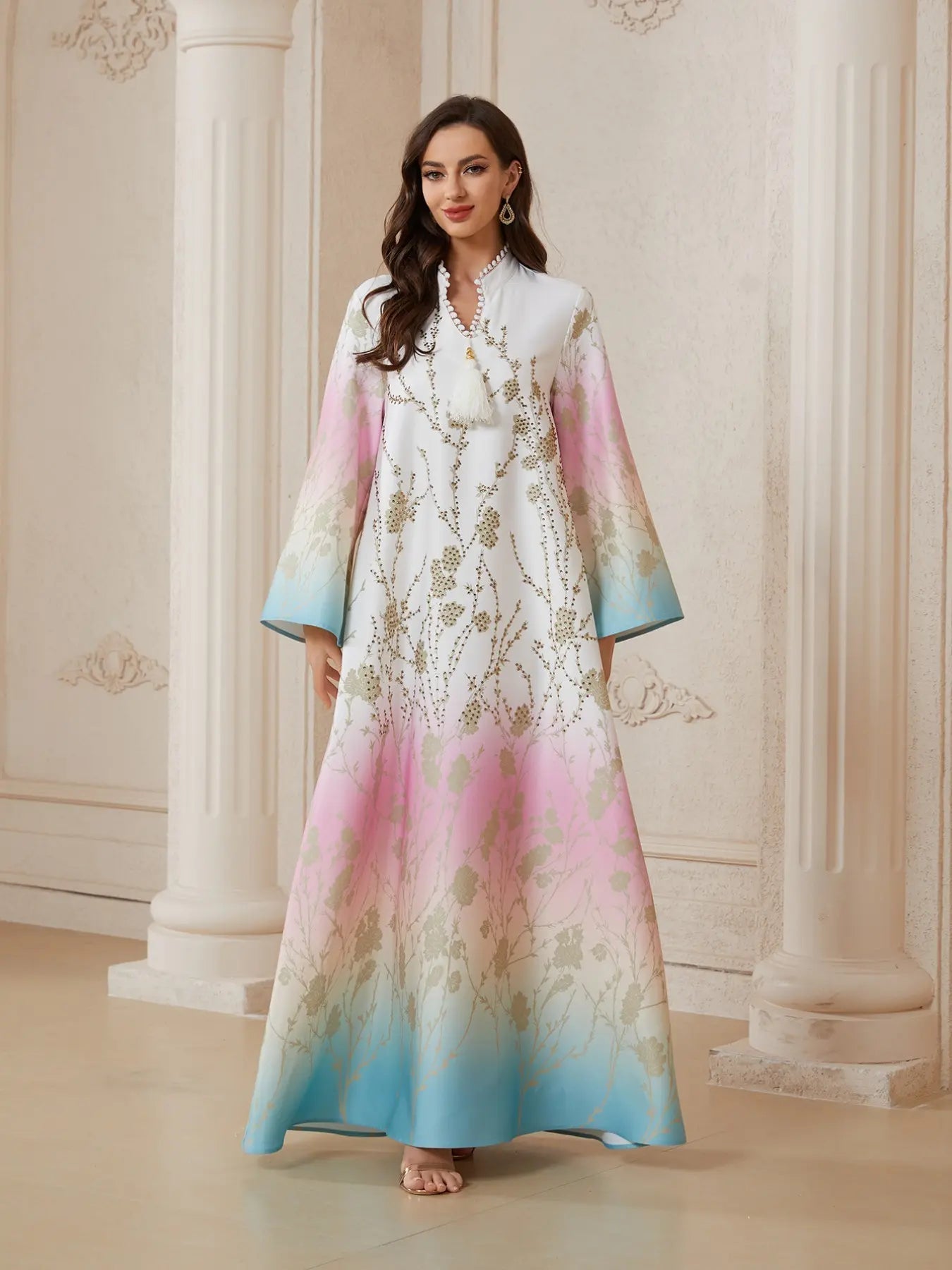 Vestito Lungo da Donna Scollo a V, Jalabiya A-line Vestibilità Morbida per Tutte le Stagioni, Morbido Tessuto Elasticizzato 75D, Elegante Abbigliamento Arabo
