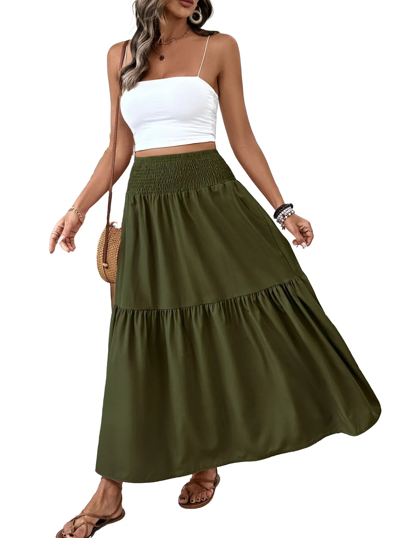 Gonna casual floreale da donna a trapezio, vita elastica con tasche, orlo a foglia, gonna lunga aderente, abito a media lunghezza alla moda