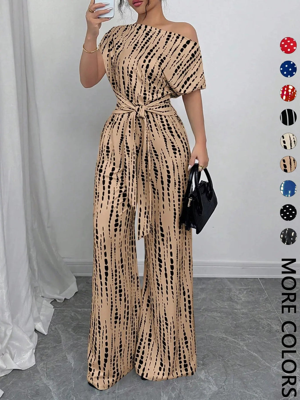 Combinaison Femme à Imprimé Intégral avec Nœud sur le Devant, Combinaison Décontractée à Col Asymétrique pour le Printemps et l'Automne, Vêtements pour Femmes à Porter au Quotidien
