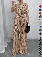 Combinaison Femme à Imprimé Intégral avec Nœud sur le Devant, Combinaison Décontractée à Col Asymétrique pour le Printemps et l'Automne, Vêtements pour Femmes à Porter au Quotidien