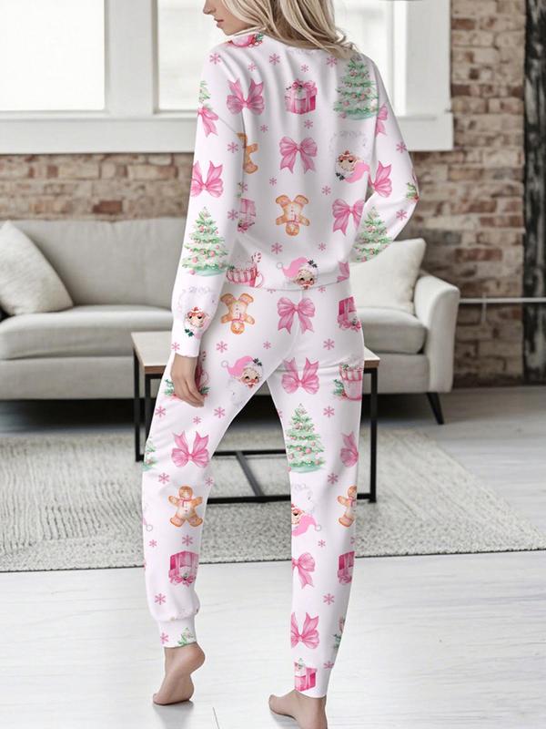 Completo casual da donna con stampa natalizia, top a maniche lunghe con scollo a V e pantaloni con cintura, pigiameria e abbigliamento da casa da donna, moda primavera e autunno