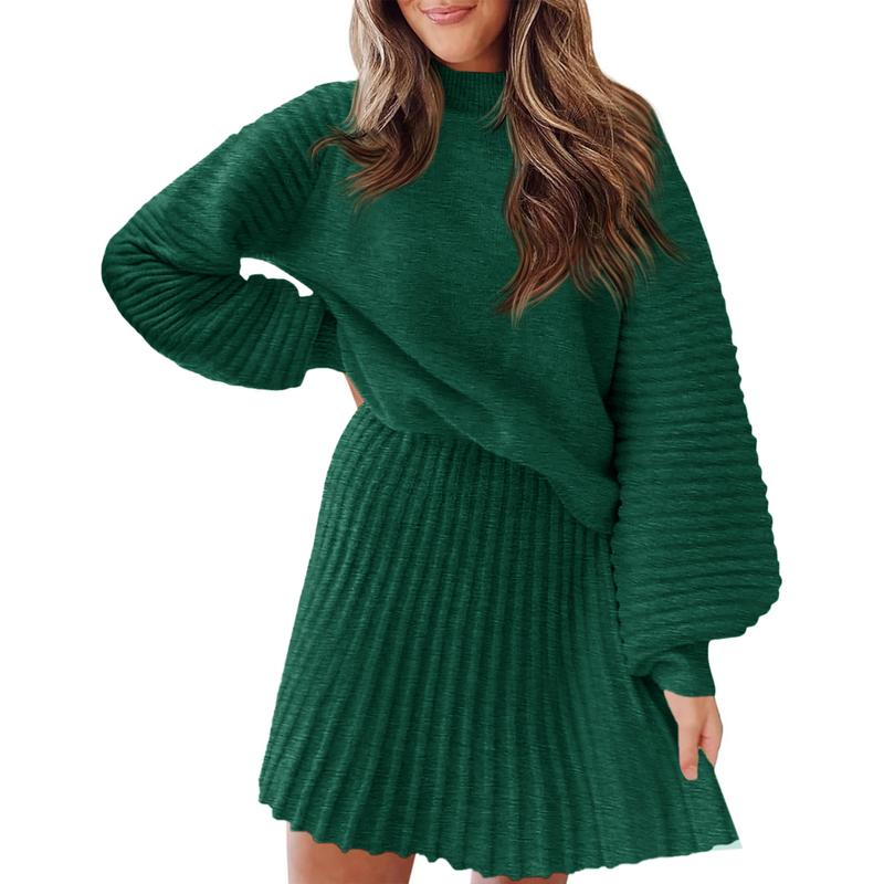 Ensembles 2 Pièces Femme 2025 Pulls Col Montant Manches Longues Côtelés et Mini-Jupe
