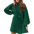 Ensembles 2 Pièces Femme 2025 Pulls Col Montant Manches Longues Côtelés et Mini-Jupe
