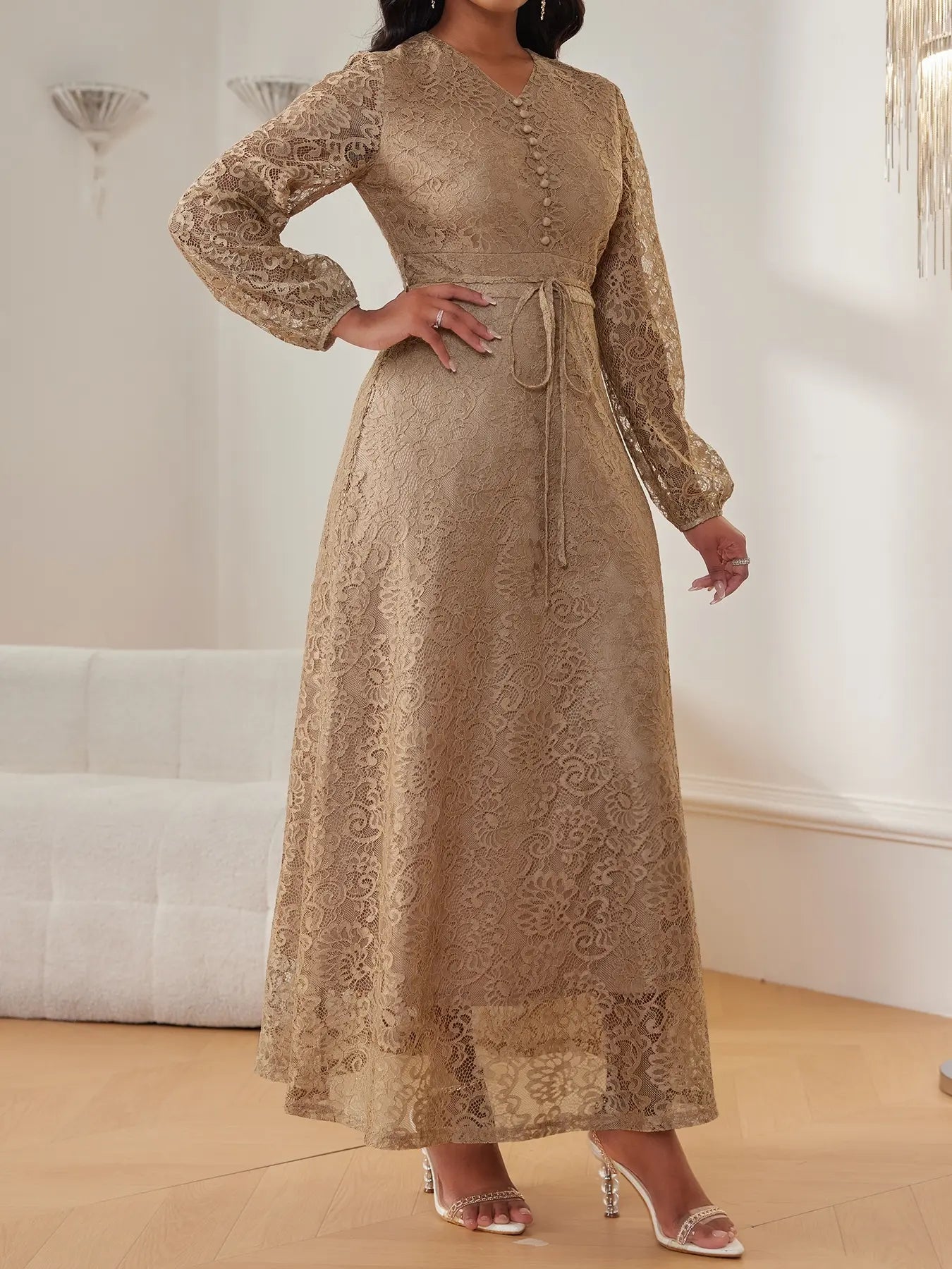 Vestito da donna in pizzo con scollo a V e maniche lunghe, elegante e chic con cintura in vita, vestibilità slim, tinta unita, per matrimoni, serate ed eventi formali, primavera e autunno