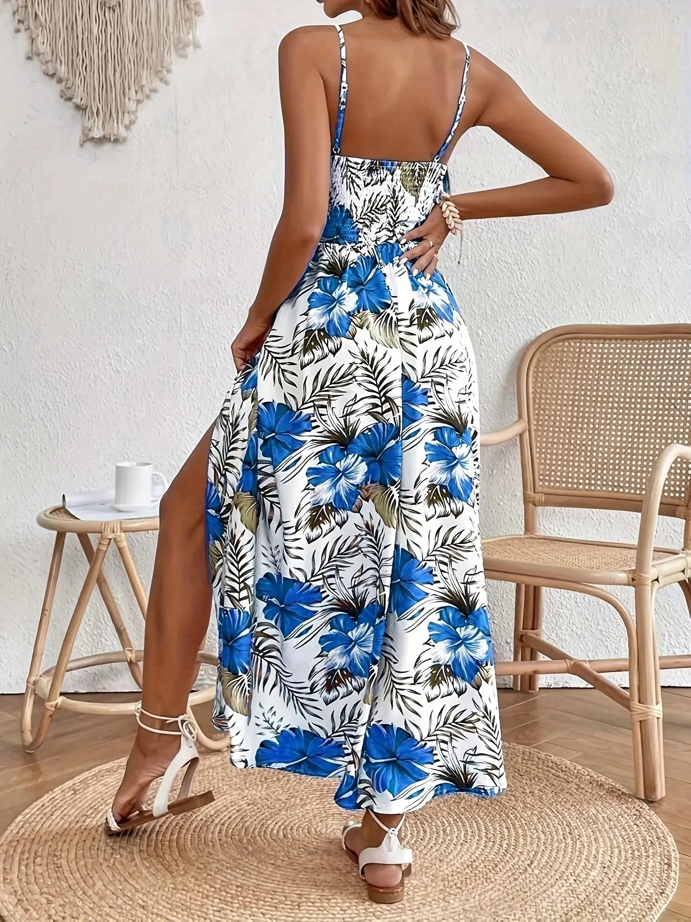 Robe longue de plage pour femmes, col en V, sans manches, imprimé tropical, bohème, avec fente latérale haute