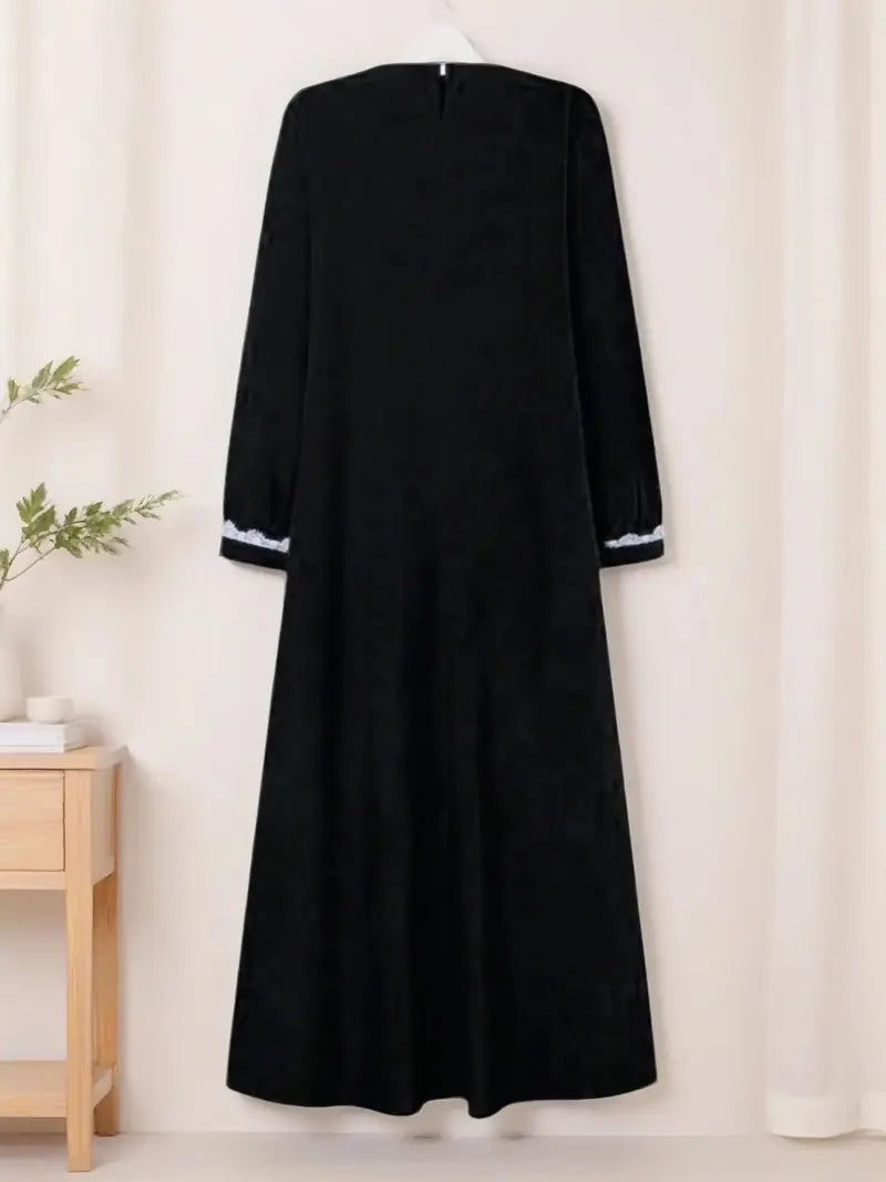 Abito da donna a maniche lunghe, girocollo, tinta unita, casual, stile vestaglia elegante con bordo in pizzo, perfetto per l'uso quotidiano e le occasioni speciali