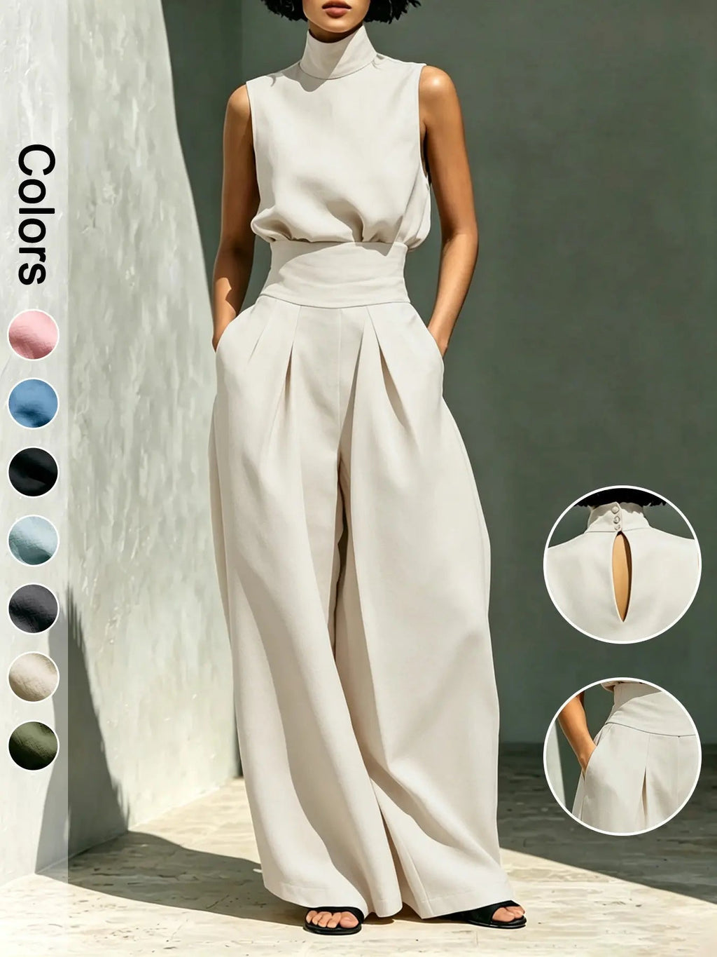 Completo due pezzi da donna con top a collo alto senza maniche e pantaloni lunghi, elegante set a vita alta con pantaloni a palazzo, alla moda per signore