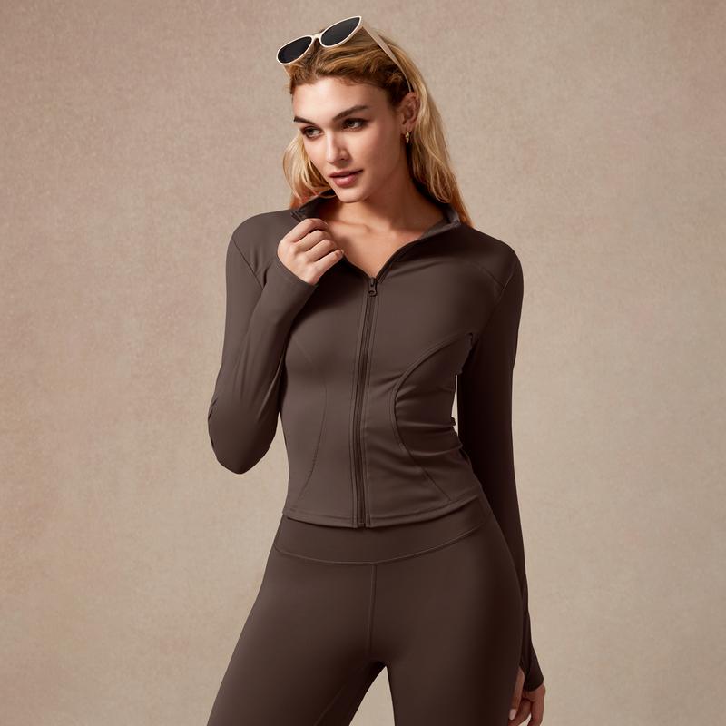 Giacca sportiva da donna con zip intera, maniche lunghe, vestibilità aderente, tessuto elasticizzato ad asciugatura rapida con fori per i pollici per corsa, yoga, palestra, allenamento, abbigliamento sportivo