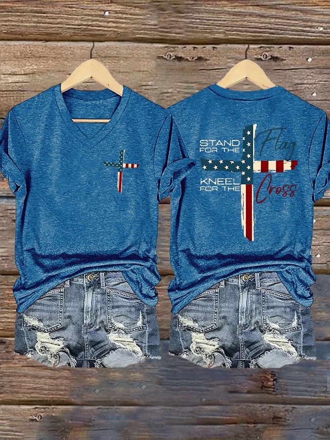 T-Shirt Casual da Donna Stampa "Stand For The Flag Kneel For The Cross"
