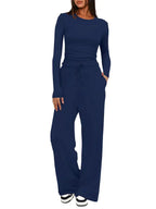 Completo da Casa da Donna Tinta Unita con Arricciature e Coulisse, Top Casual a Maniche Lunghe con Scollo Rotondo e Pantaloni a Gamba Larga con Tasche, Pigiama da Donna per Tutte le Stagioni