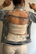 Veste en jean décontractée pour femme avec col, empiècements, motif floral et transparence