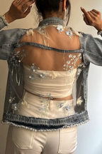 Veste en jean décontractée pour femme avec col, empiècements, motif floral et transparence