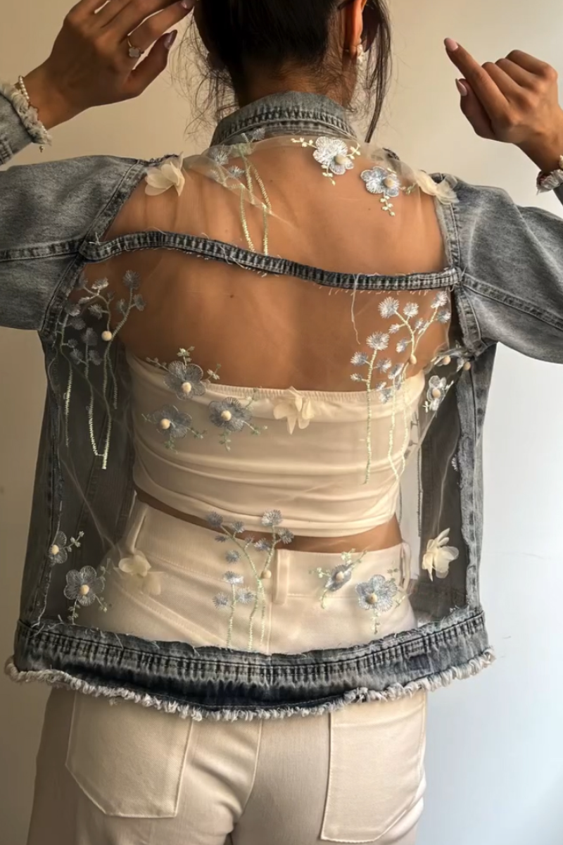 Veste en jean décontractée pour femme avec col, empiècements, motif floral et transparence