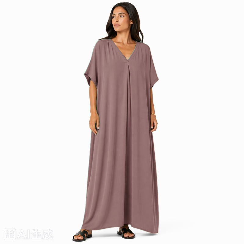 Robe longue oversize fluide col V femme été chic confortable en tissu léger et doux pour toutes les occasions
