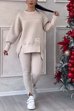 (NESSUNA STAMPA SUL RETRO) Completo da donna casual tinta unita girocollo manica lunga felpa con spacchi e leggings
