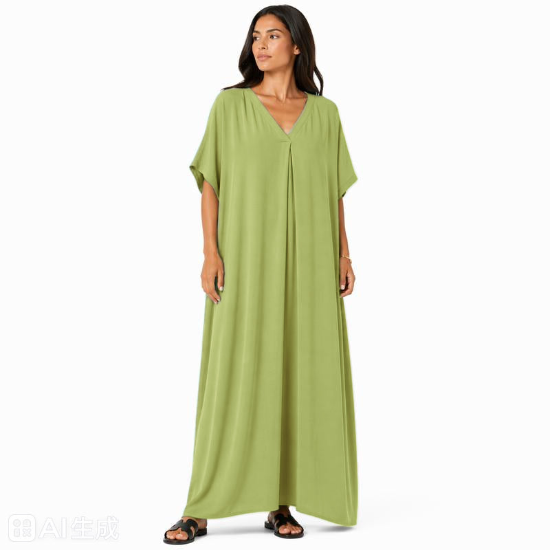 Robe longue oversize fluide col V femme été chic confortable en tissu léger et doux pour toutes les occasions