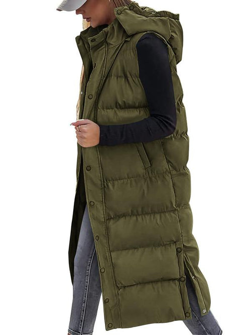 Gilet Lungo Imbottito da Donna con Cappuccio Trapuntato e Chiusura Abbottonata, per Cappotto Invernale 2025 - Top, Abbigliamento Donna
