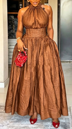 Women Round Neck Sleeveless Waist Cinched Elegant Temperament Dress