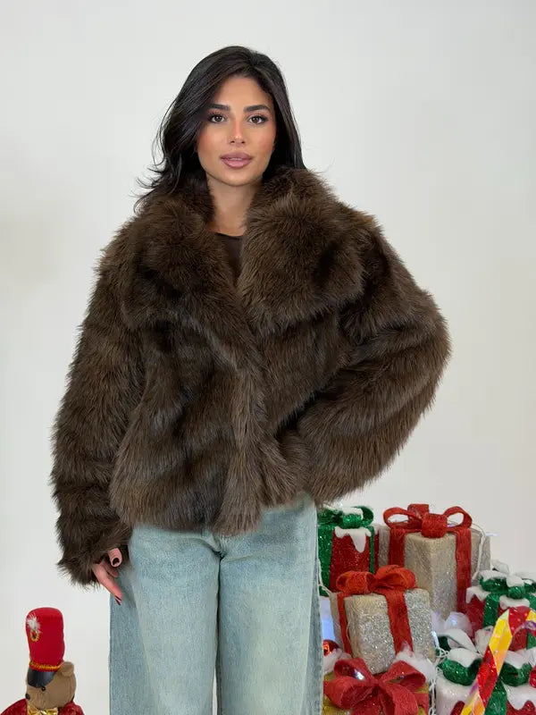 Giacca in finta pelliccia tinta unita da donna, cappotto casual a maniche lunghe con colletto per autunno e inverno, abbigliamento da donna per tutti i giorni, top carini