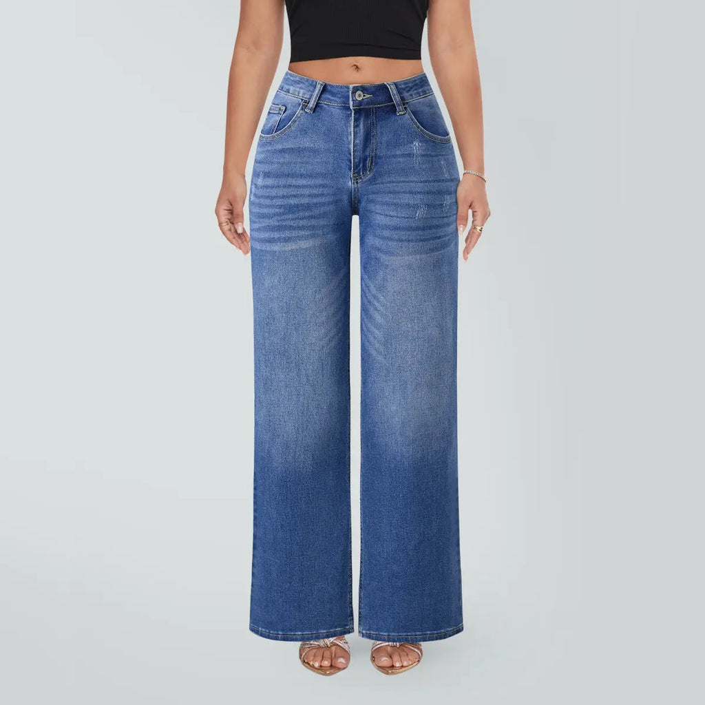 Magic SHAPUM Jeans BBL da Donna a Vita Media-Bassa, Gamba Larga, Vestibilità Comoda, Elasticizzati, in Denim, NERI, in Denim Elasticizzato, Gamba Larga, Jeans Larghi