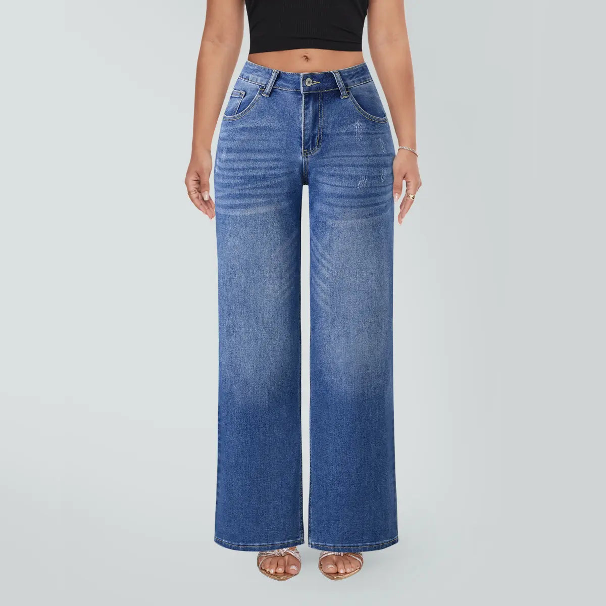 Magic SHAPUM Jeans BBL da Donna a Vita Media-Bassa, Gamba Larga, Vestibilità Comoda, Elasticizzati, in Denim, NERI, in Denim Elasticizzato, Gamba Larga, Jeans Larghi