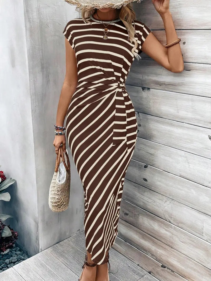 Robe décontractée pour femme à manches chauve-souris, unie, rayée ou à imprimé intégral avec nœud, col rond, manches courtes, longue, idéale pour les vacances à la plage.