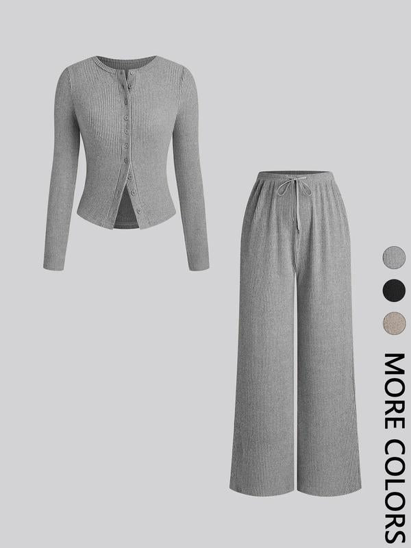 Ensemble deux pièces décontracté femme, haut à manches longues et col rond coupe slim et pantalon, motif uni, tissu modéré, automne-hiver