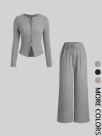 Ensemble deux pièces décontracté femme, haut à manches longues et col rond coupe slim et pantalon, motif uni, tissu modéré, automne-hiver