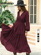 Robe longue trapèze à manches lanternes pour femme, décontractée, printemps et été, en tissu tissé uni, parfaite pour les vacances en plein air