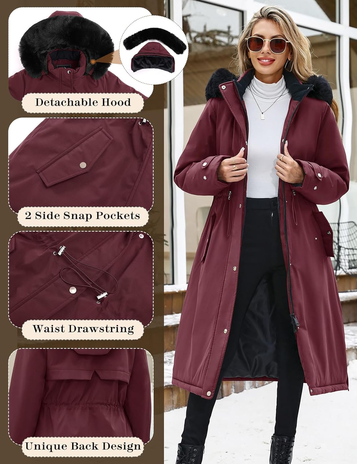 Manteaux longs pour femmes Manteaux longs chauds doublés en polaire d'hiver pour femmes, parka imperméable et coupe-vent, manteau avec fermeture éclair, boutons, cordon de serrage à la taille, avec poches et capuche amovible