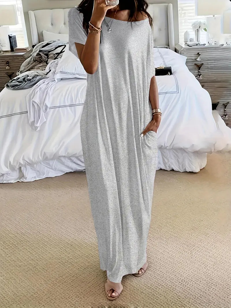 Robe de détente unie à manches chauve-souris pour femme, chemise de nuit décontractée et confortable à manches courtes pour le quotidien, vêtement de nuit pour femme pour toutes les saisons