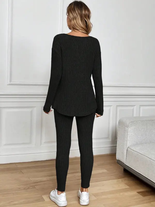 Ensemble 2 pièces décontracté femme, t-shirt à manches longues et legging en maille côtelée peluche, automne/hiver