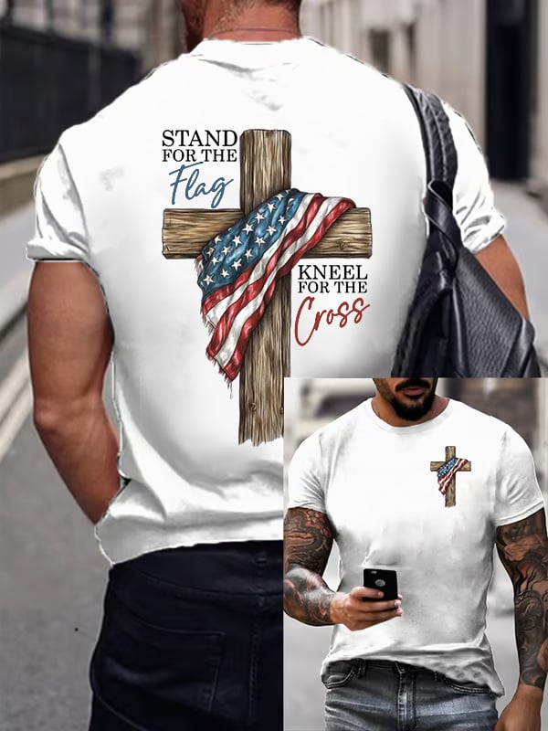 T-shirt casual da uomo con stampa "Stand For The Flag Kneel For The Cross"