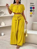 Ensemble pantalon femme couleur unie à jambes larges, haut décontracté à épaules dénudées et pantalon palazzo pour l'été, tenue de vacances à la plage pour femme.