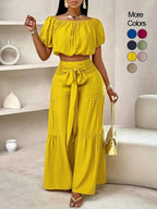 Ensemble pantalon femme couleur unie à jambes larges, haut décontracté à épaules dénudées et pantalon palazzo pour l'été, tenue de vacances à la plage pour femme.
