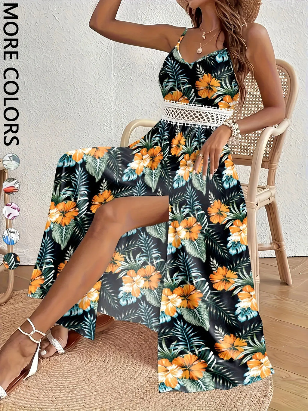 Abito lungo estivo da donna con scollo a V, senza maniche, stampa tropicale bohémien e spacco laterale alto