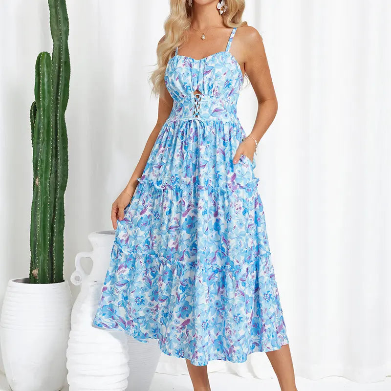 Robe longue bohème décontractée pour femme - Robe d'été à bretelles spaghetti smockée à volants avec poches, grande taille, vêtements bohèmes pour femme